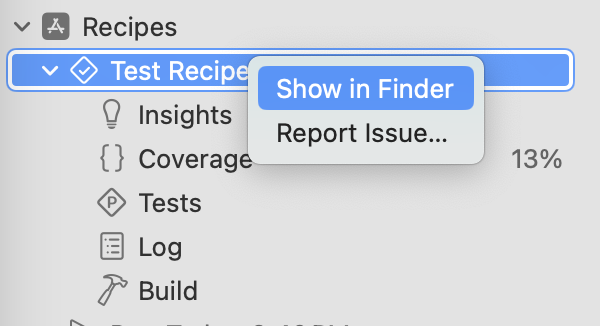 Test results with context menu showing Show in Finder option